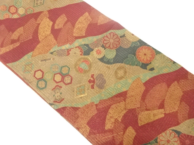 纐纈　道長取りに菊・鶴・宝尽くし模様織り出し全通袋帯